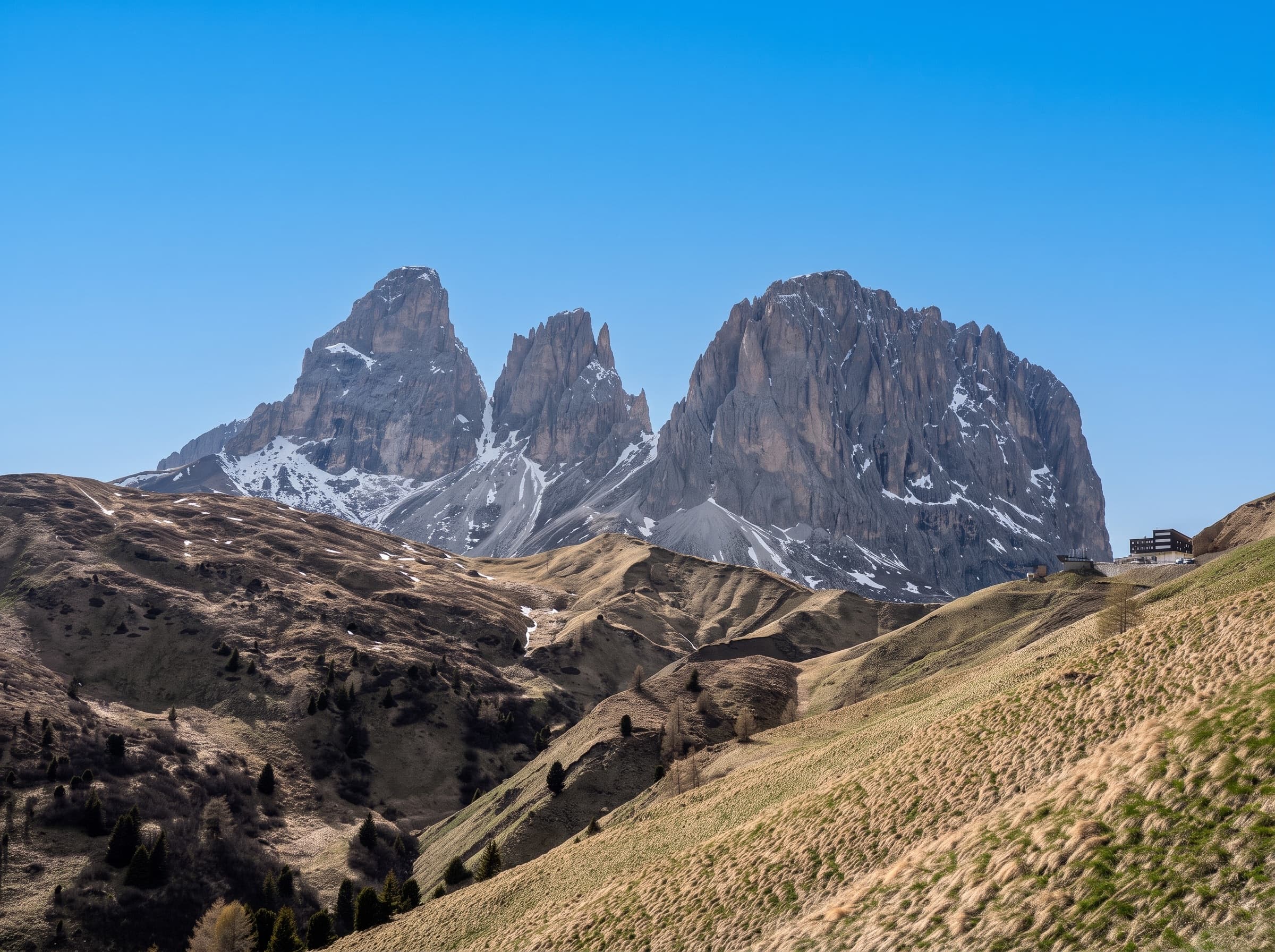 Le vette dolomitiche del Sassolungo viste dal passo, con i prati d'alta quota in primo piano