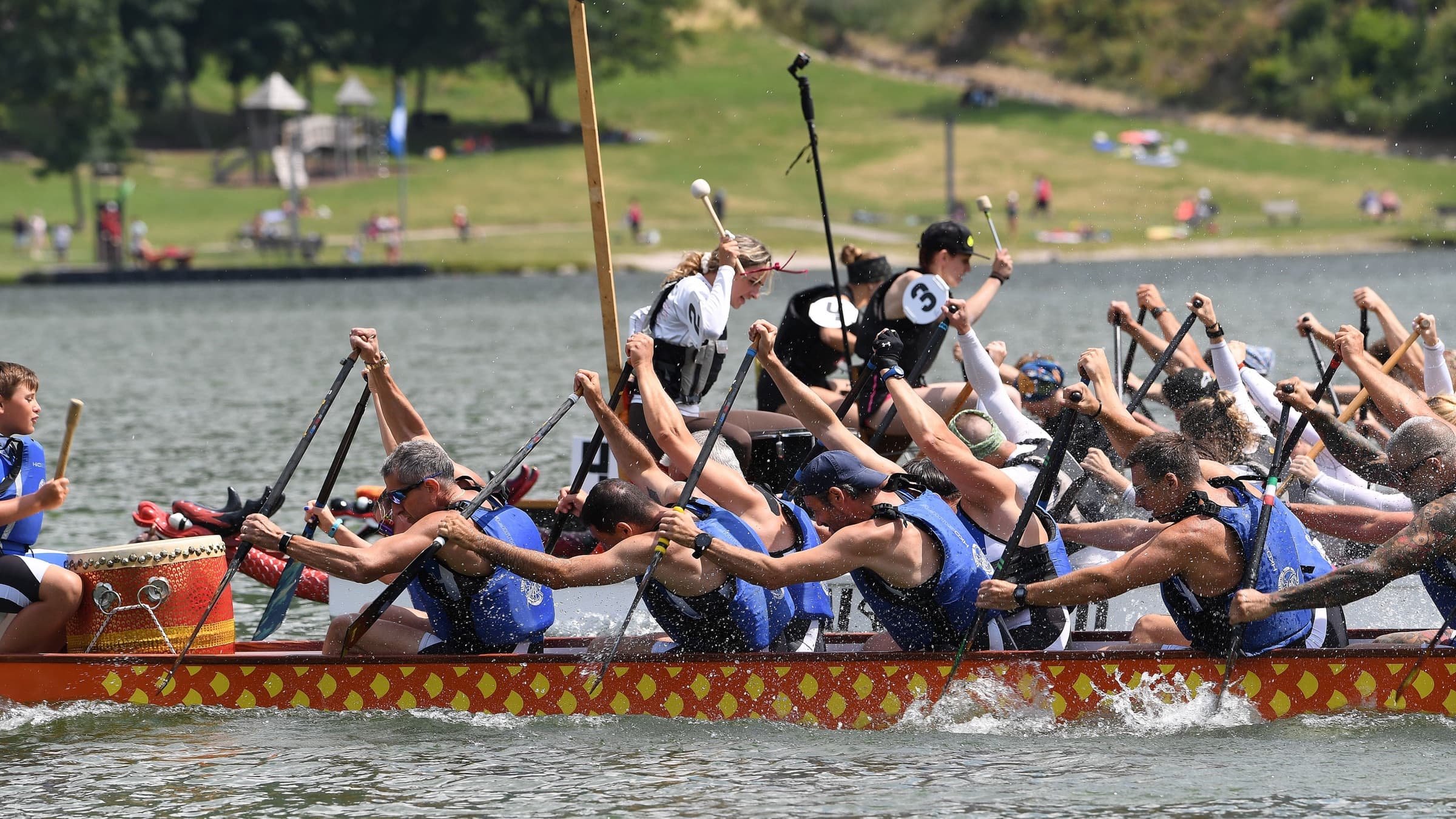 Equipaggio di dragon boat in piena competizione a remi durante il Dragon Festival Piné