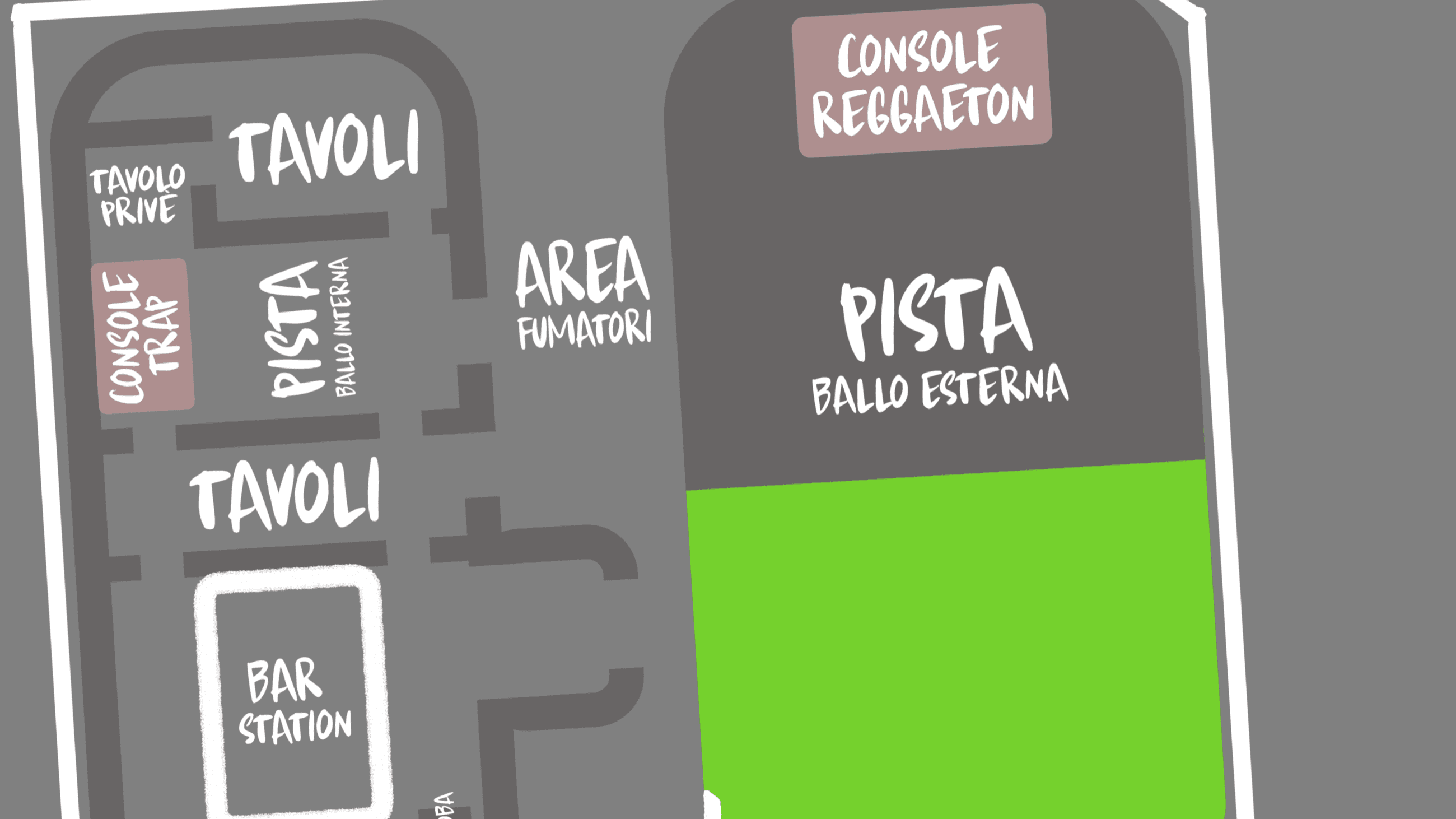 Mappa illustrata di un evento: pista da ballo interna ed esterna, consolle, tavoli, bar station e area fumatori