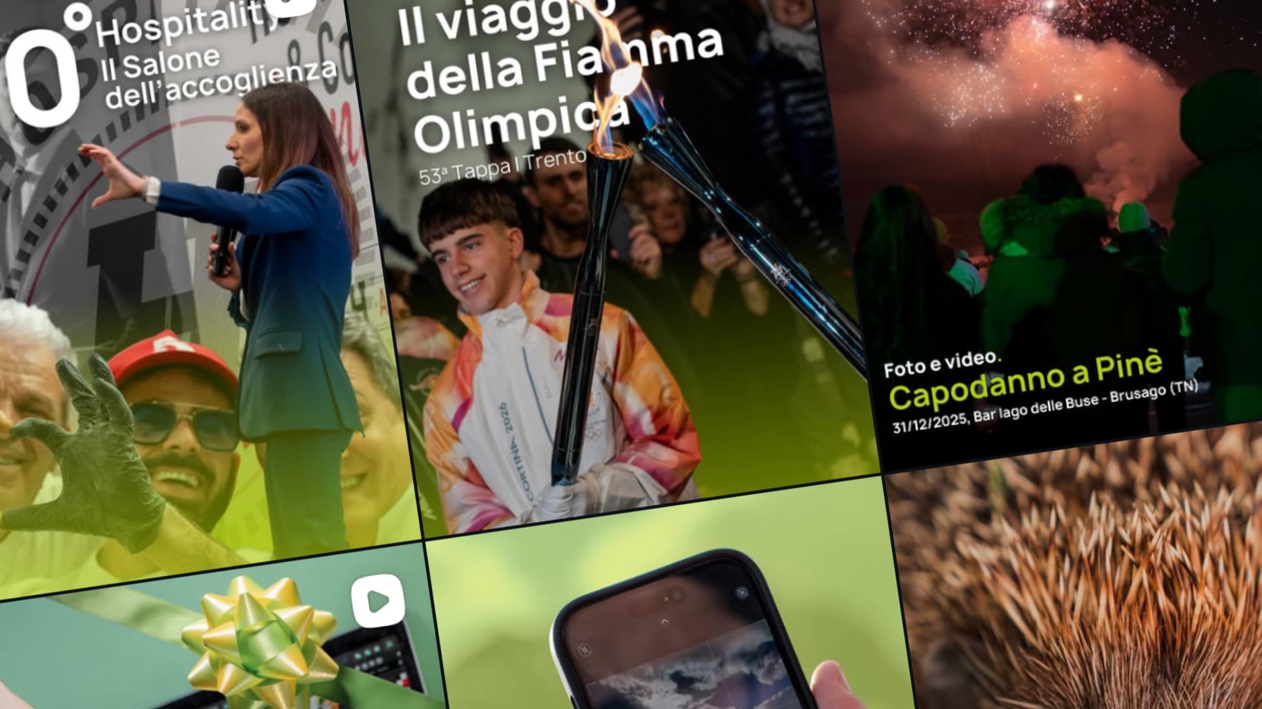 Mosaico di contenuti social prodotti da Frame Factory: stories, reel e copertine eventi