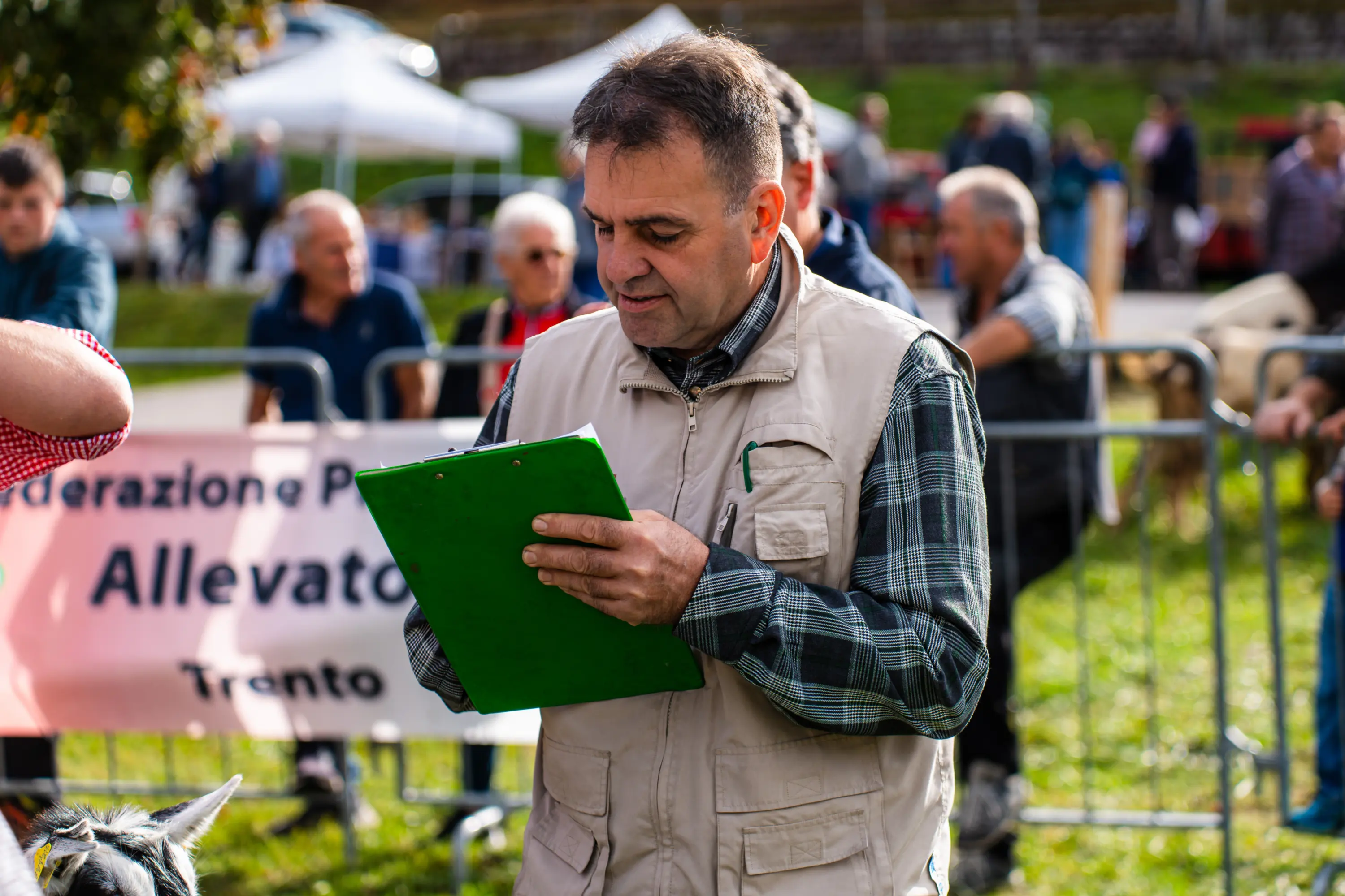 Uno dei giudici, con il gilet chiaro, prende appunti sulla cartellina verde a bordo ring