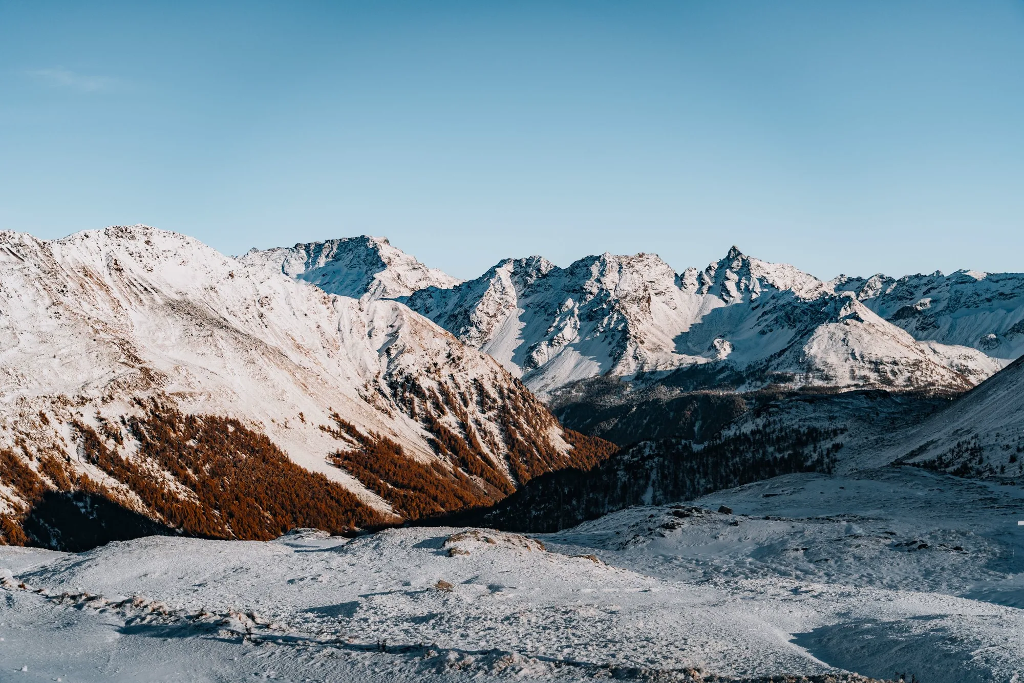 Immagine di riferimento per il concept: Cime innevate accese dalla luce bassa del pomeriggio