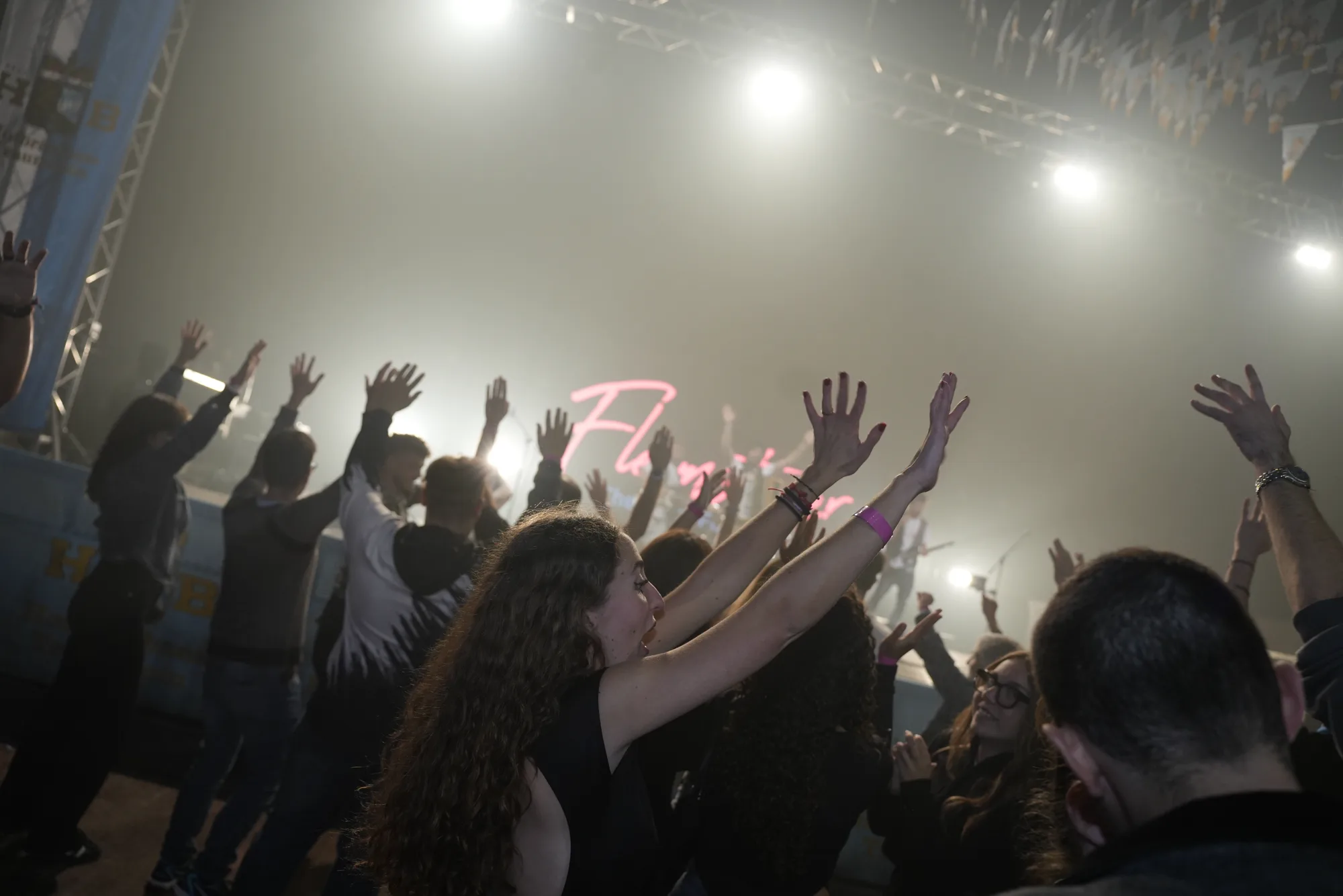 Mani alzate in mezzo alla folla contro i fari del palco
