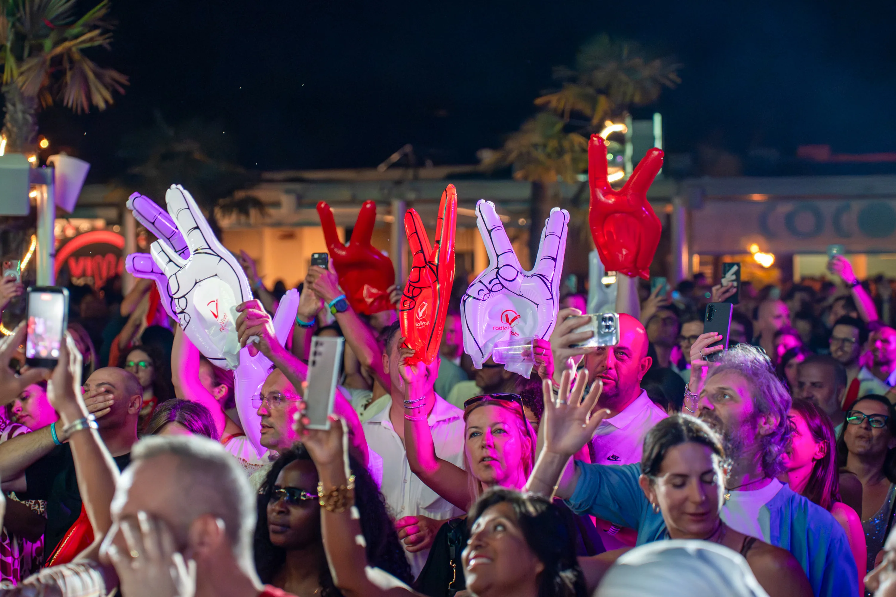 Il pubblico con le mani alzate e i gadget di Radio VivaFm davanti al palco