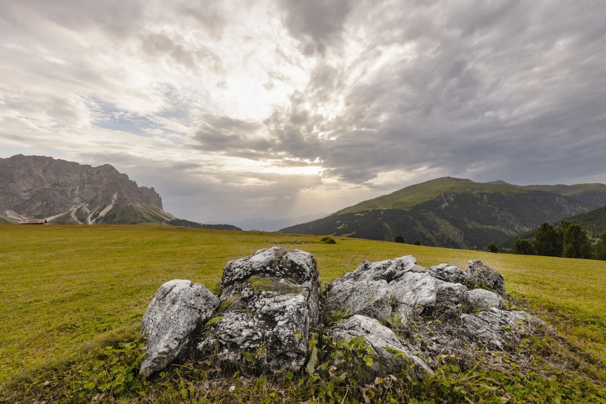 Un paesaggio di montagna con le nuvole sopra i prati e la roccia in primo piano