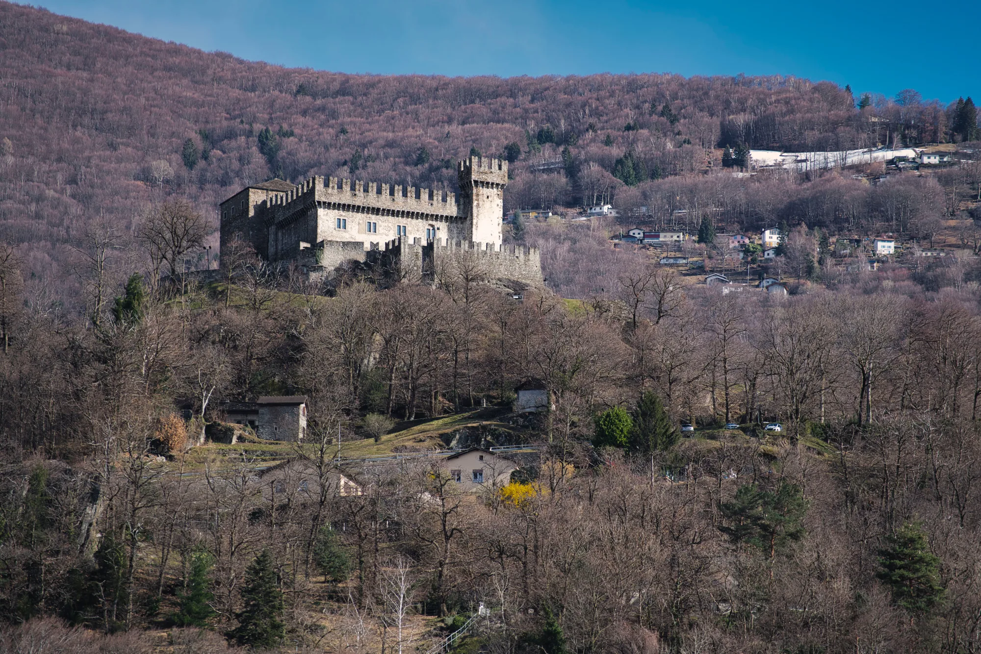 Un castello medievale in cima a una collina, circondato dal verde