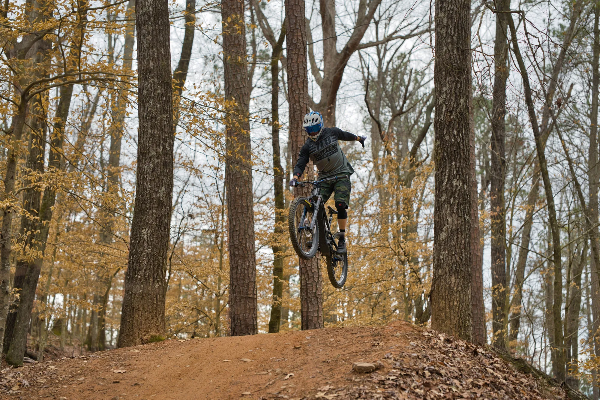Un biker in volo su un sentiero nel bosco, in autunno