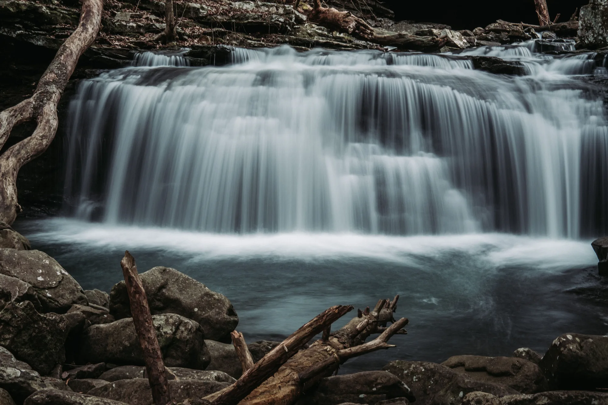 Una cascata nel bosco, fra le rocce e i tronchi