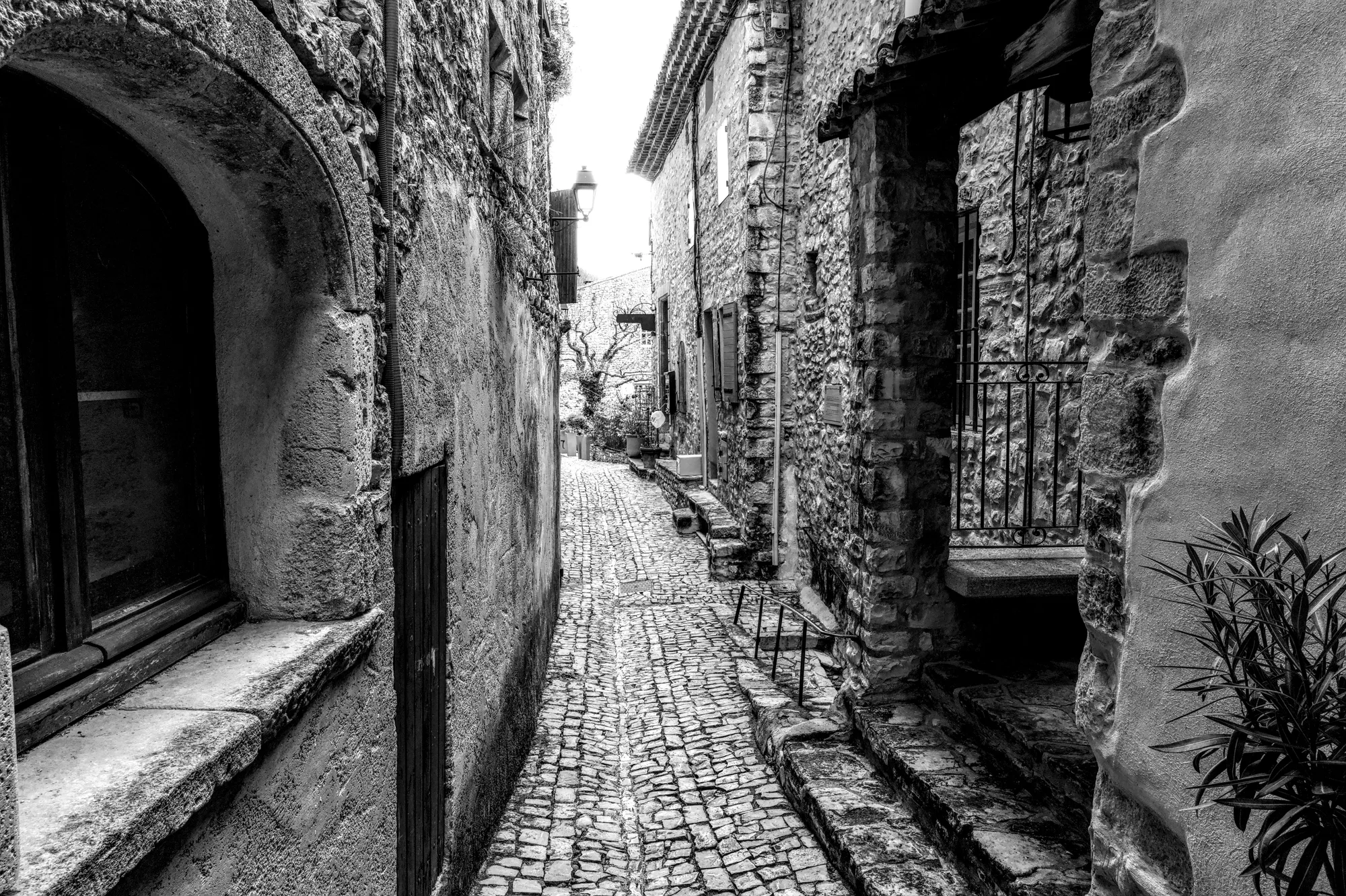 Un vicolo medievale lastricato con l'architettura di pietra, in bianco e nero