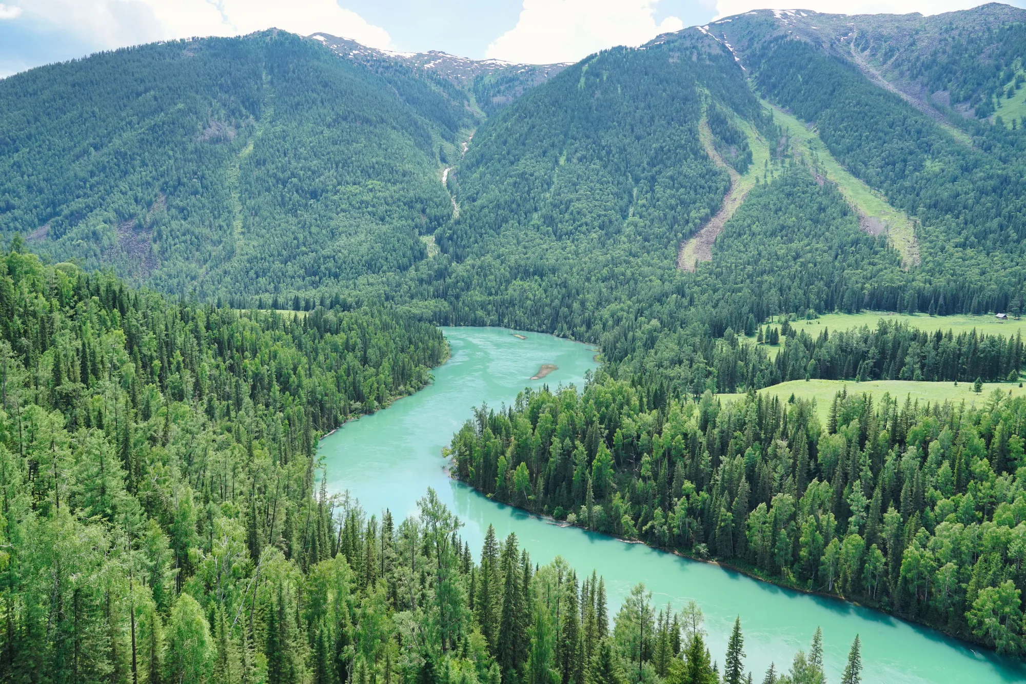 Veduta aerea di un fiume verde che serpeggia fra le montagne boscose, d'estate