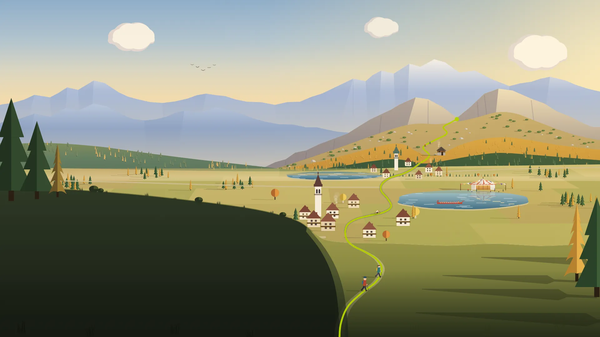 Illustrazione: un altopiano trentino in autunno con due laghi, i paesi con il campanile, una malga e una linea lime che collega i luoghi