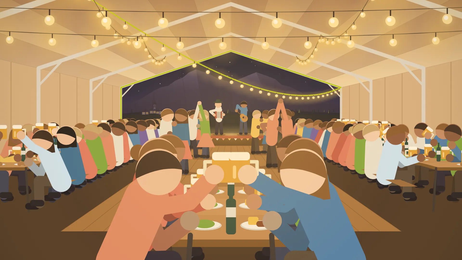 Illustrazione: sera di festa sotto il tendone, con le tavolate, la fisarmonica e le coppie che ballano