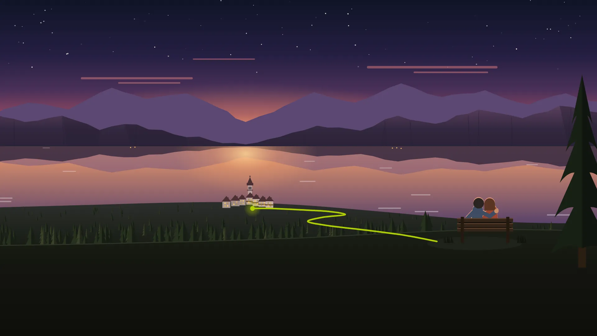 Illustrazione: due persone su una panchina guardano al tramonto il paese in fondovalle che accende le luci