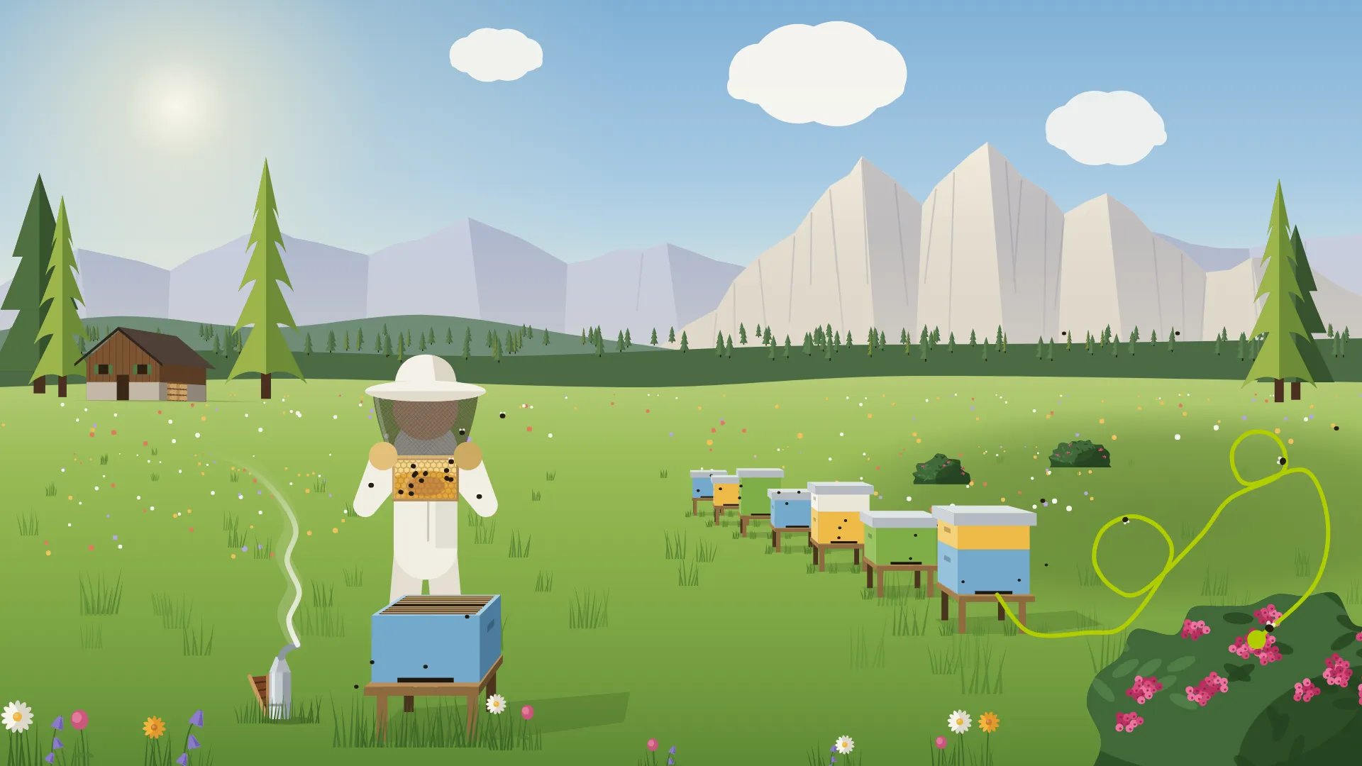 Illustrazione: un apicoltore con la retina solleva un telaio dall'arnia in un prato fiorito di montagna