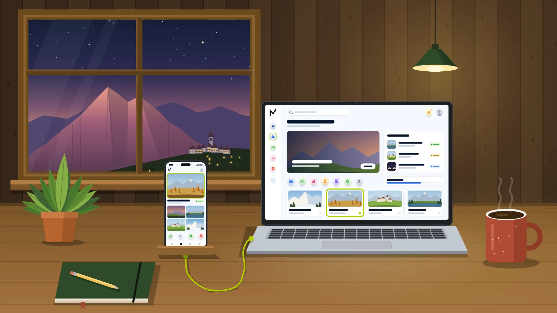 Illustrazione: un tavolo di lavoro in una casa di montagna con il portatile e il telefono aperti su Mountain OS