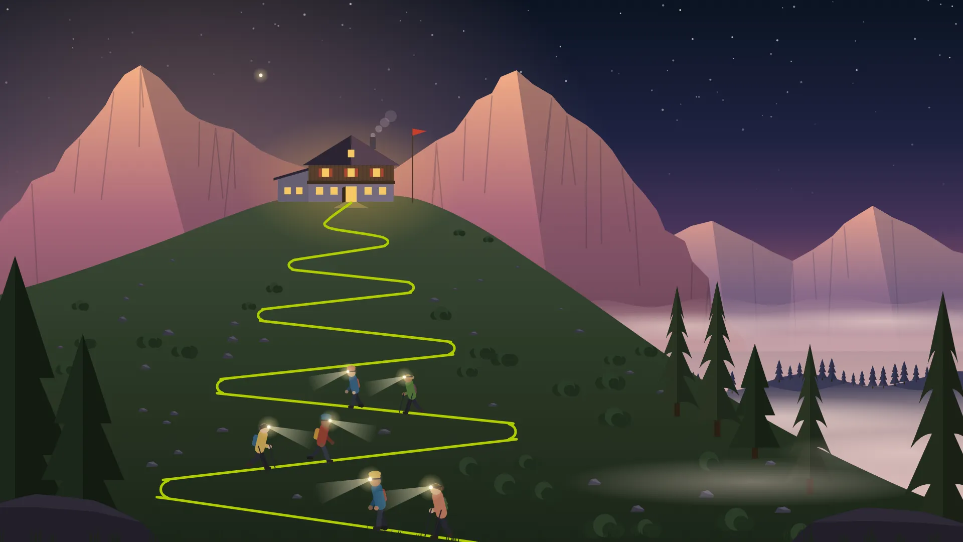 Illustrazione: escursionisti con le frontali salgono all'alba verso un rifugio illuminato