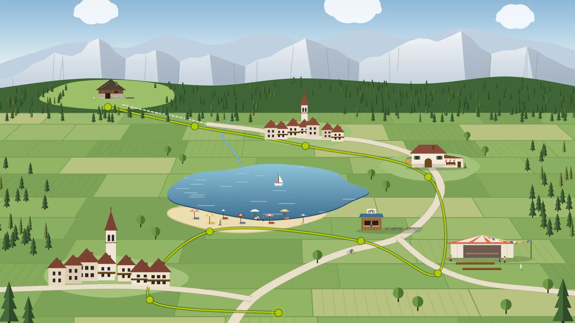 Illustrazione: la mappa di una valle vista dall'alto, con una linea lime che collega il lago, i paesi, la malga e il tendone