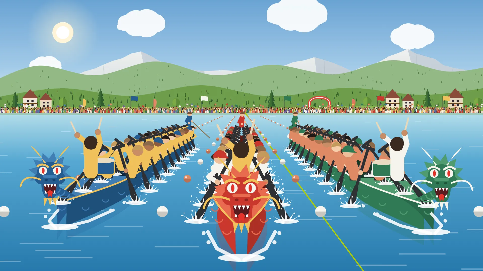 Illustrazione: la partenza di una gara di dragon boat vista dall'acqua, tre barche affiancate e la folla sulla riva