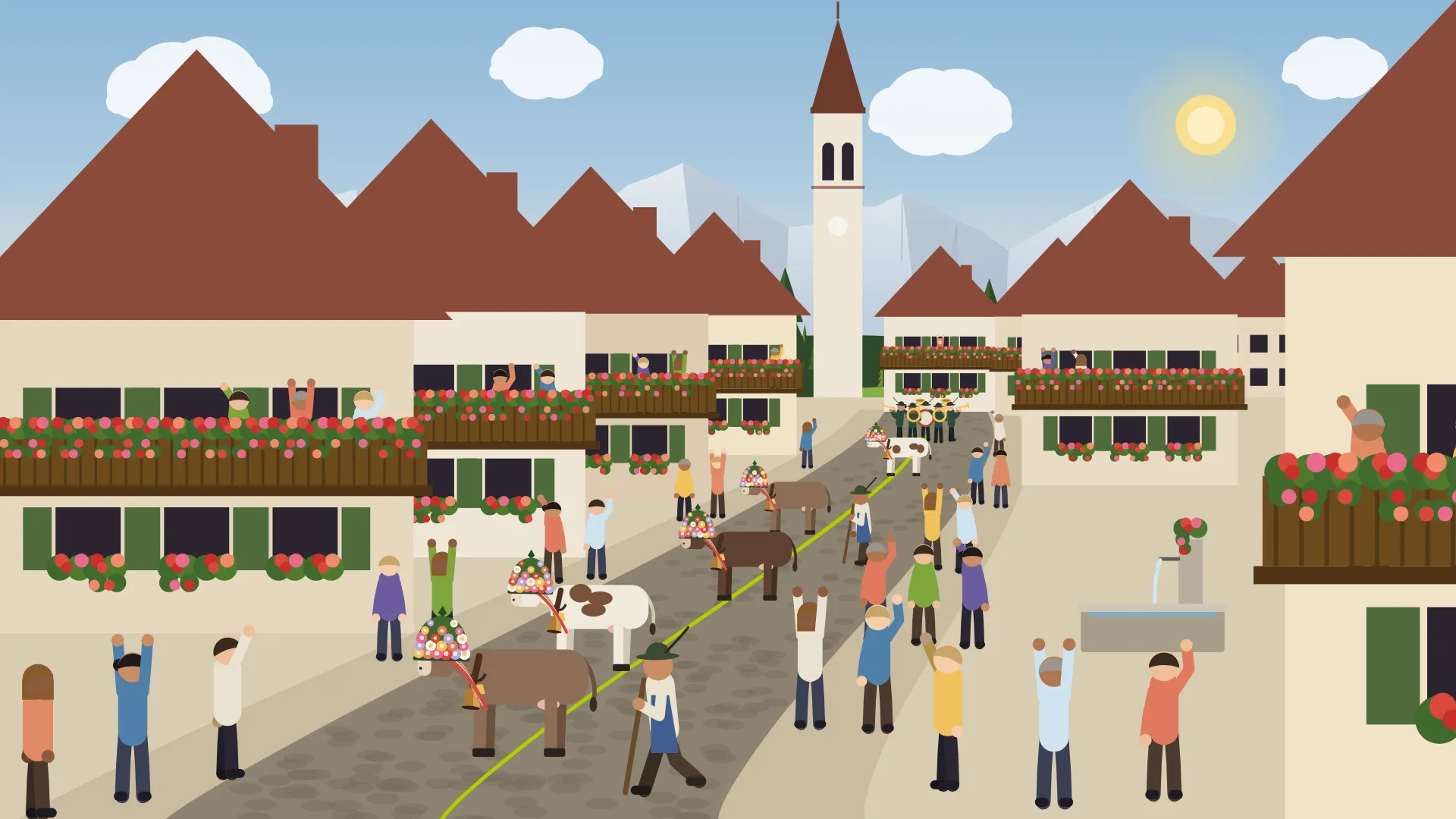 Illustrazione: il rientro dall'alpeggio, le mucche con le corone di fiori scendono lungo la via del paese fra la gente