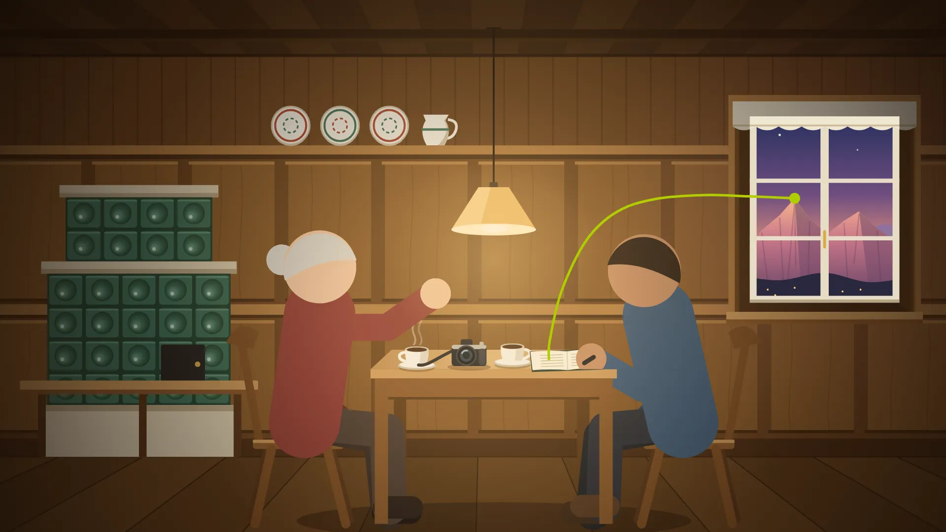 Illustrazione: due persone parlano al tavolo di una stube, con un taccuino aperto e una macchina fotografica