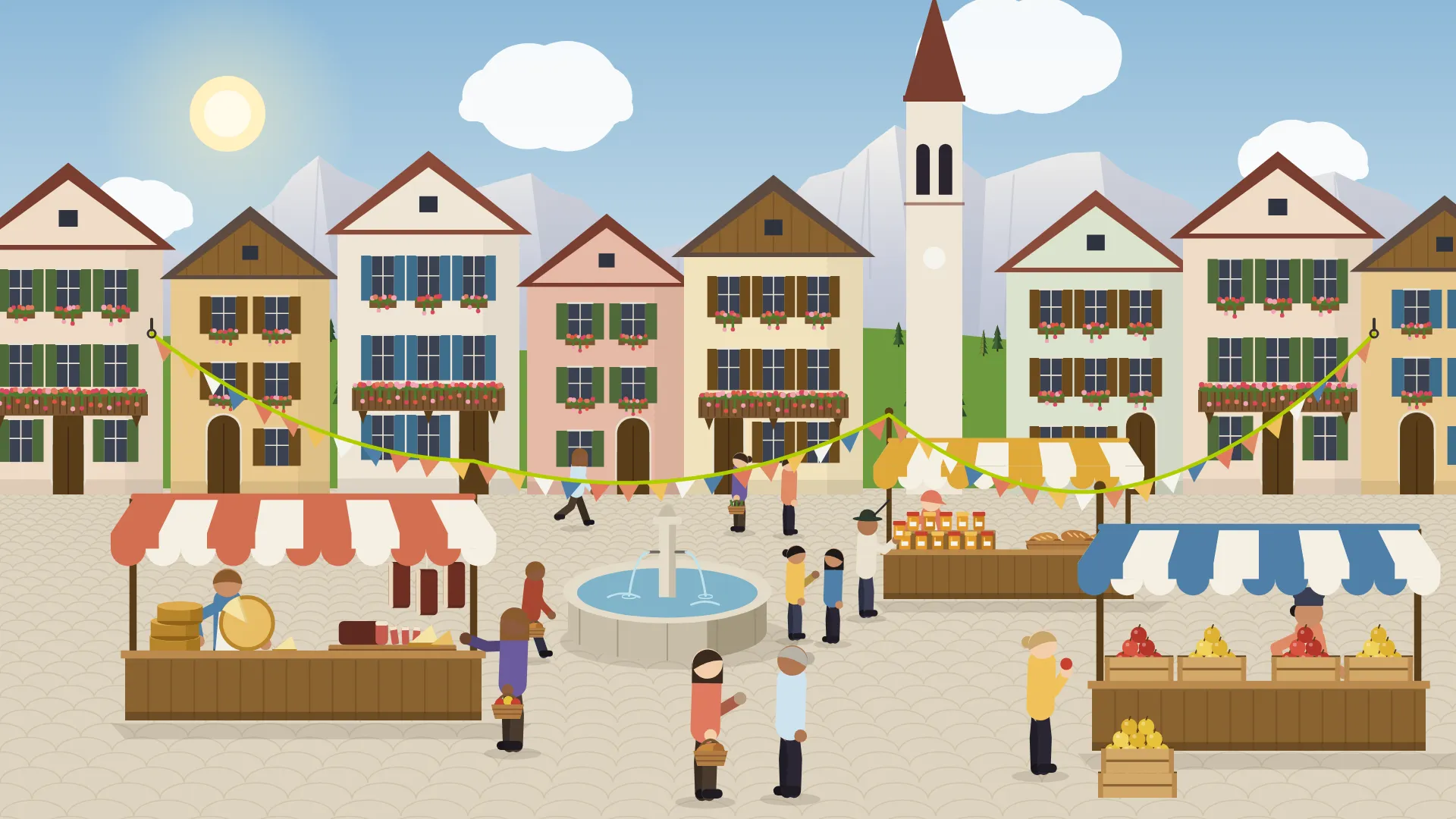 Illustrazione: un mercato contadino in piazza con formaggi, miele e mele sulle bancarelle
