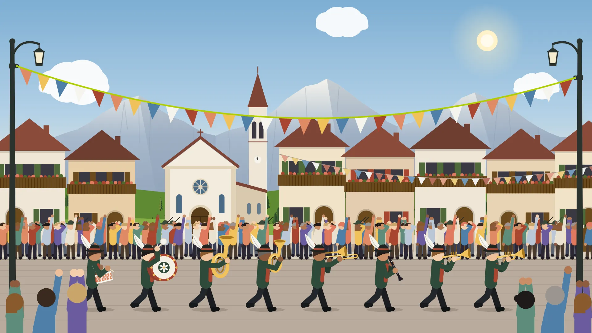 Illustrazione: la banda del paese in costume sfila davanti alla chiesa sotto le bandierine